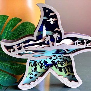 Starfish Sea Star Coastal Ocean Tropical Beach Wooden 3D Shadow Box Sculpture
